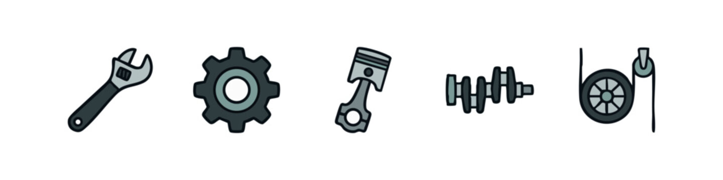 Mechanical engineering icons: adjustable wrench, gear, piston, crankshaft, pulley