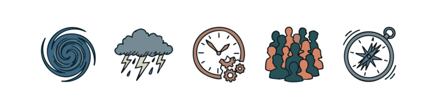 Icons related to natural disasters and time: hurricane, thunderstorm, broken clock, crowd, compass