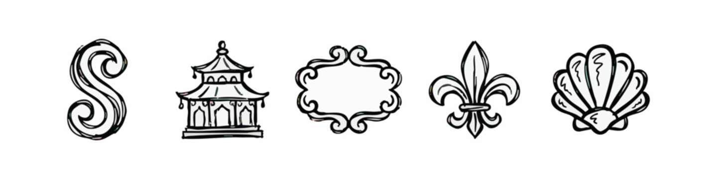 Doodle icons: swirl, pagoda, ornate frame, fleur de lis, shell