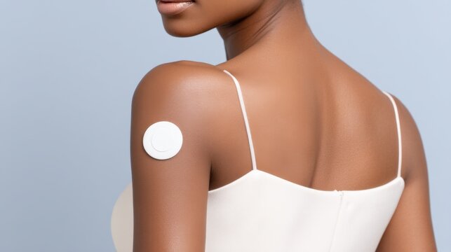 metabolic health, glucose monitor, cgm sensor, biohacking device concept, close up of a small white circular sensor patch attached to the back