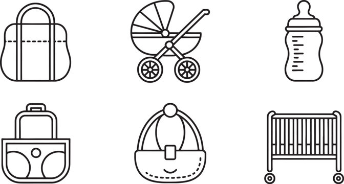 Baby care essentials consisting of a diaper bag, stroller, baby bottle, nursery crib, and infant carrier are depicted as a collection of simple line icons for parenting and childcare services.