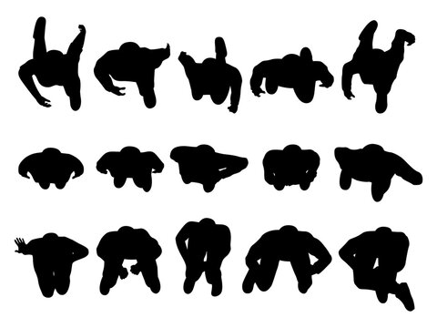 set of people walking, standing, sitting top view lifestyle concept silhouette for architectural. men and women. black shadow plan vector illustration