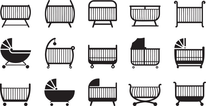 Baby cribs illustrated as a comprehensive set of icons representing various styles of infant beds and bassinets for use in nursery design brochures and digital parenting resource web pages.
