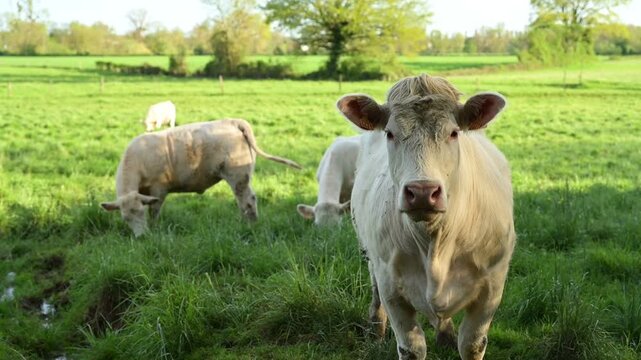 Une vache charolaise reste statique de face, dans un pr&eacute; au printemps, puis se l&egrave;che pendant que d'autres vaches broutent en arri&egrave;re-plan