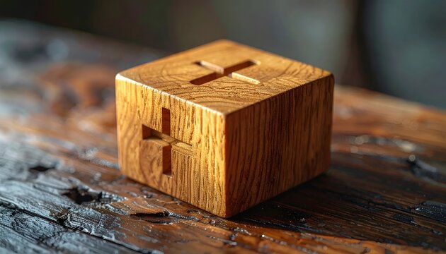 Rustic wooden cube with carved cross symbols on weathered table.