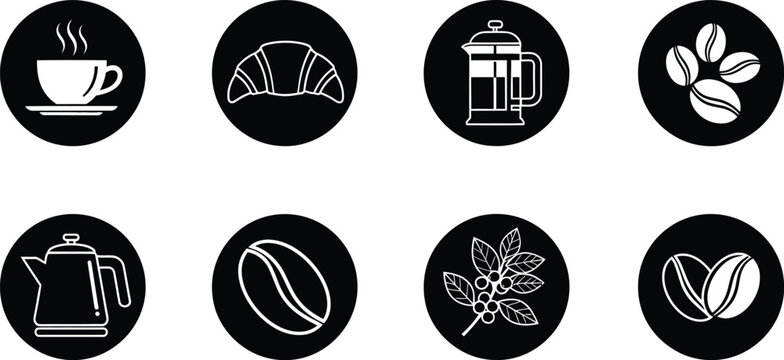 Coffee and bakery icons set with french press croissant tea kettle beans