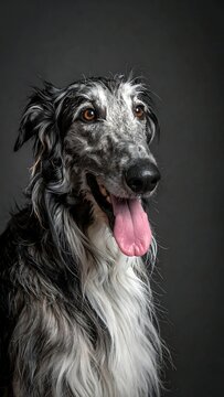 Elegant Borzoi Dog Studio Portrait With Mottled Grey Fur And Long Pink Tongue On Dark Backdrop