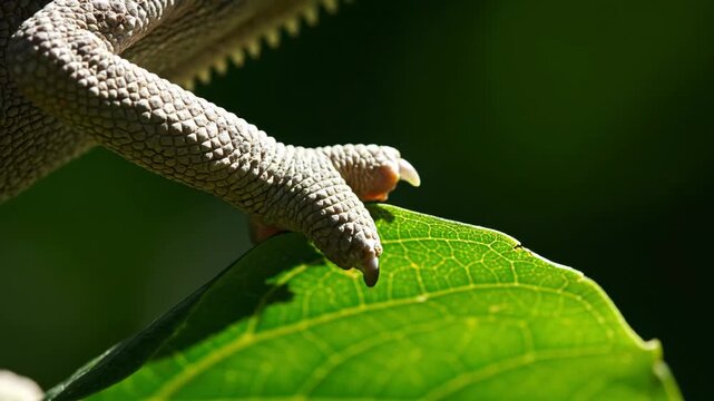 Close-up of chameleon's textured skin and claws gripping a bright green leaf in nature.