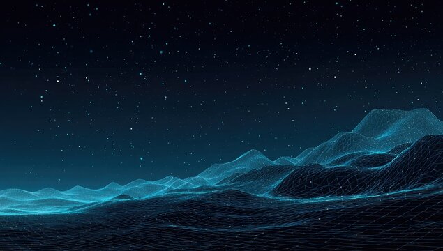 Ethereal blue digital landscape with glowing particles, abstract terrain