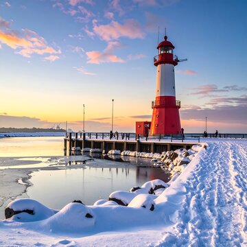 A serene winter scene featuring a red and white lighthouse