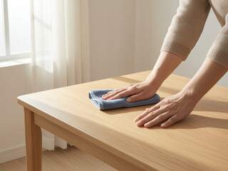 Fototapeta premium Close-up of a person's hands diligently wiping and sanitizing a clean wooden dining table with a soft blue cloth, maintaining home hygiene and tidiness in a sunlit room