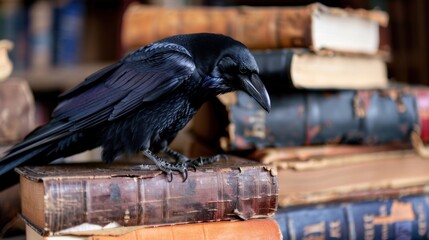 Obraz premium Raven Perched on Stack of Antique Books in Dimly Lit Library Setting with Rich Textures and Mysterious Atmosphere