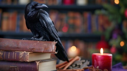 Obraz premium Raven on Old Books with Candle and Magical Decor in a Cozy Library Setting