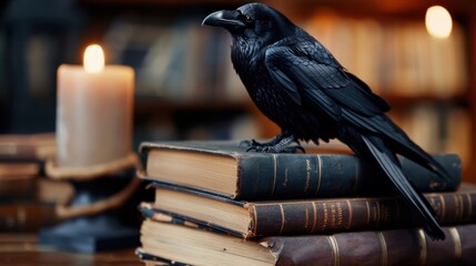 Obraz premium Mysterious Black Raven Perched on Old Books with Candlelight Glow in a Cozy Library Setting