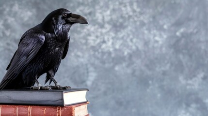 Obraz premium Black Raven Perched on Vintage Books Against a Textured Gray Background for Creative and Artistic Displays