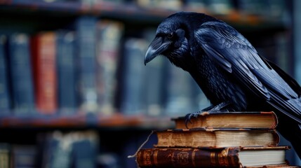 Obraz premium Black Raven Perched on Old Leather-Bound Books in a Dimly Lit Library Setting