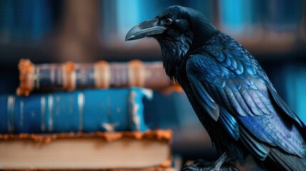 Obraz premium Majestic Raven Perched on Stack of Antique Books in Dimly Lit Library Setting