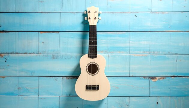A ukulele hangs on a light blue wooden wall