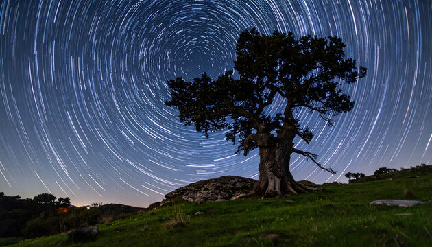 Star trails forming perfect concentric circles around polaris star with a silhouetted gnarled oak tree on a grassy hill generative AI