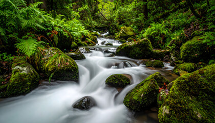 Fototapeta premium Creek with cascades in blurred long exposure surrounded by mossy stones in a forest with soft flowing water and greenery generative AI