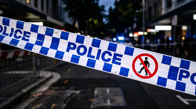 Australian Police Tape Cordoning Off Urban Street Crime Scene at Night