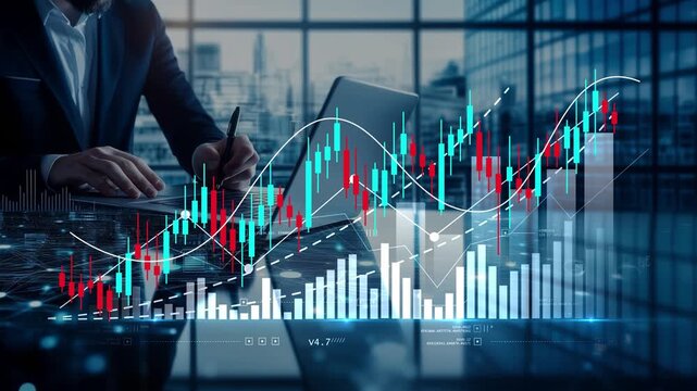 Business professional analyzing data on laptop as candlestick chart rises, illustrating stock market trends, cryptocurrency trading, investment strategy and financial growth in a modern workspace.