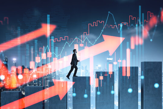 Businessman climbing rising financial bars with glowing market a