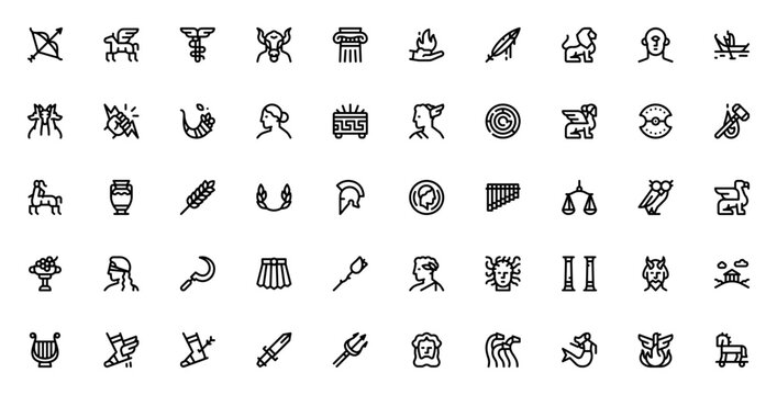 Greek mythology icon set. Vector symbols pack featuring Zeus, Medusa, Pegasus, Minotaur, Apollo, Artemis, and more. Editable stroke illustration.