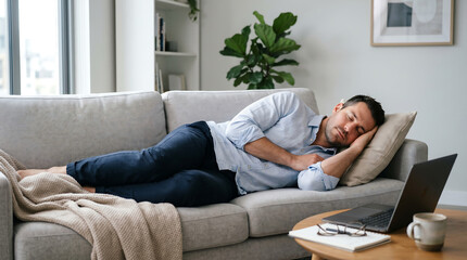 Fototapeta premium Tired businessman taking a nap on sofa at home with laptop on table after working from home on project representing burnout and work life balance
