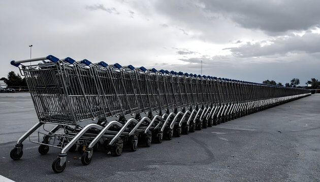Shopping carts nested in a long line in a parking lot under a grey sky featuring metallic textures and urban realism generative AI