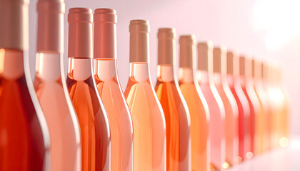 Naklejka premium Rose wine bottles in a row showing a gradient of pink hues from pale to deep salmon with soft aesthetic lighting generative AI