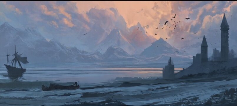 Dark Fantasy Concept Art of Medieval Castle and Sailing Ship on Misty Coast at Sunset, Digital Painting