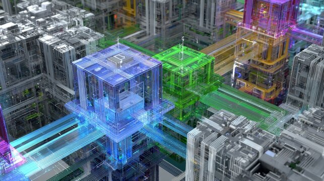 A futuristic 3D visualization of data network architecture with digital connectivity and connection technology system computing visualization, showing cubes, circuitry and fiber links flow