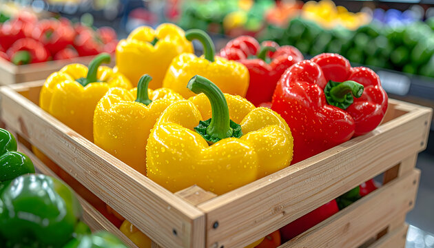 Bell peppers stacked in a wooden crate featuring vibrant colors and water droplets reflecting bright supermarket lights with organic background generative AI