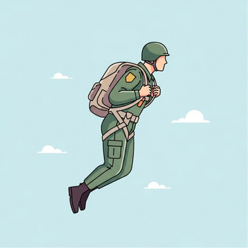Soldier in Mid Air with Backpack.