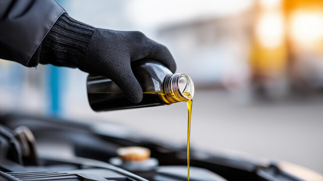Hand in a black glove pouring oil into a car engine compartment, vehicle maintenance and automotive care concept, car service photography, with copy space