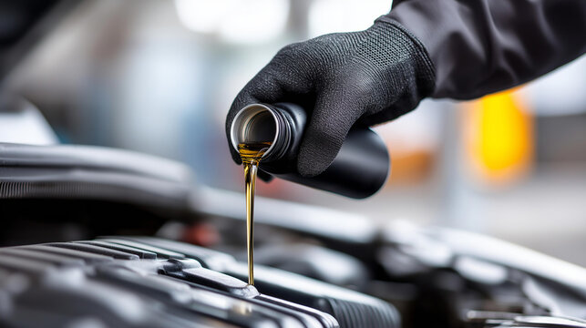 Hand in a black glove pouring oil into a car engine compartment, vehicle maintenance and automotive care concept, car service photography, with copy space