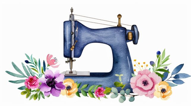 Vintage Sewing Machine Surrounded by Colorful Floral Elements for Creative Craft and Design Themes