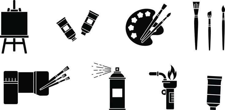 Artist painting supply equipment silhouette icon set