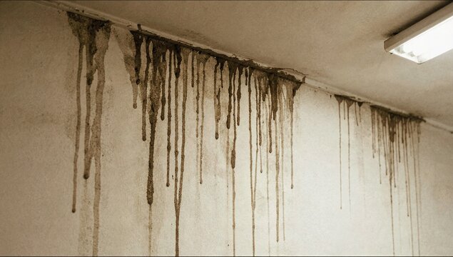 Heavy dark water stains and damp streaks run down a weathered concrete wall near a ceiling light fixture in a neglected building interior.