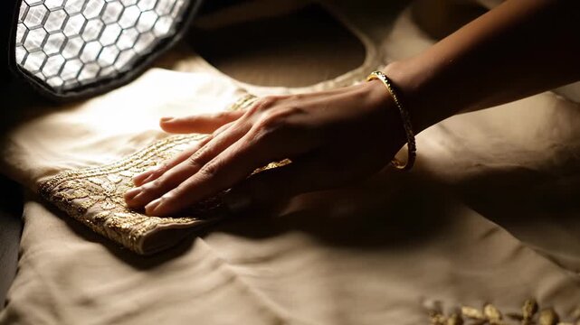 Hand brushing cream silk garment with gold embroidery hanging on a rack. Traditional festive attire preparation. Close-up of high-end modest fashion textile and elegant craftsmanship.