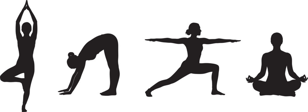 Woman yoga fitness pose silhouette set
