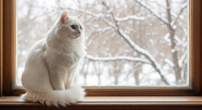 white cat sitting by snowy window