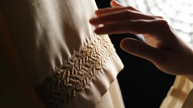 Hand brushing cream silk garment with gold embroidery hanging on a rack. Traditional festive attire preparation. Close-up of high-end modest fashion textile and elegant craftsmanship.
