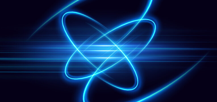 Futuristic glowing blue curve ray with square pattern on dark blue background.