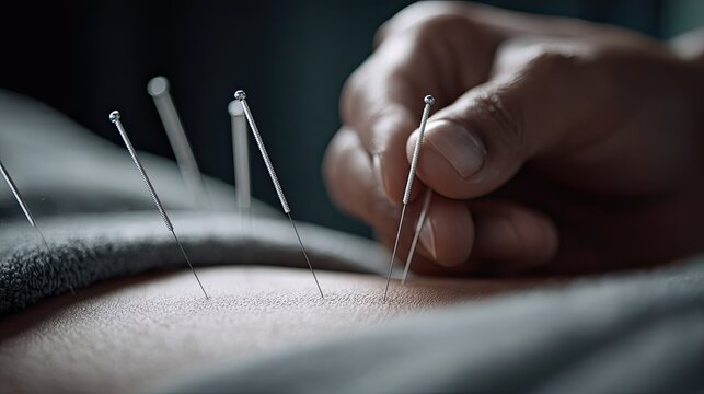 Minimalist Acupuncture Silver Needles Inserted Skin White Gray Cool Tones High Detail No People Modern Medical Hyperrealistic