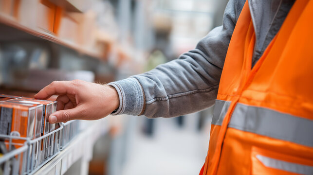 Hand in an orange work vest restocking a shelf with boxed power tool accessories in a hardware store, retail and inventory concept, hardware store photography, with copy space