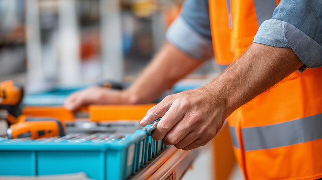 Hand in an orange work vest restocking a shelf with boxed power tool accessories in a hardware store, retail and inventory concept, hardware store photography, with copy space
