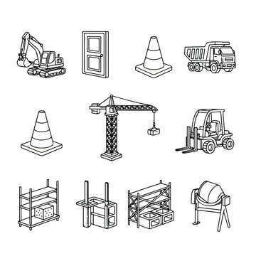 A comprehensive set of minimalist black and white line art icons depicting various heavy machinery and essential tools used on a construction site.