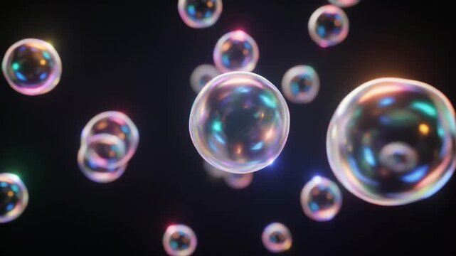 Many transparent shiny bubbles floating in air against dark space